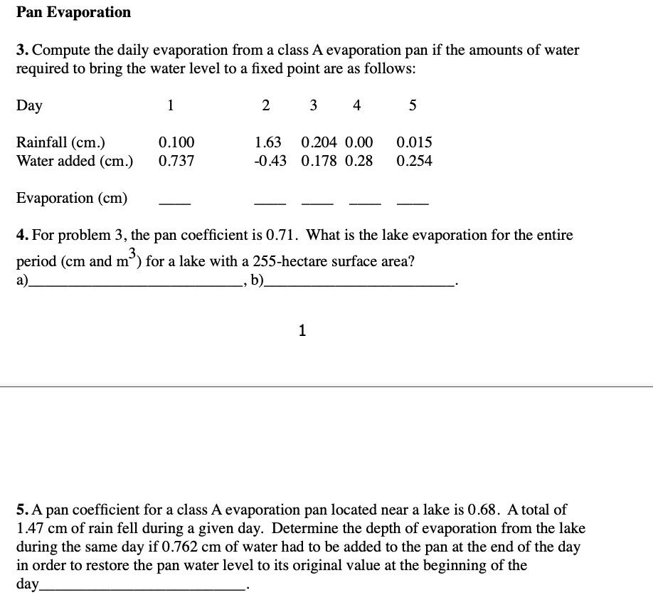 Solved Pan Evaporation 3. Compute the daily evaporation from