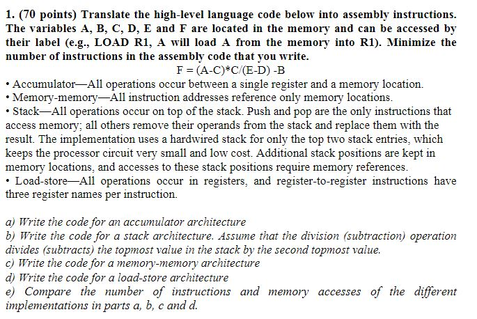 Solved 1. (70 points) Translate the high-level language code | Chegg.com