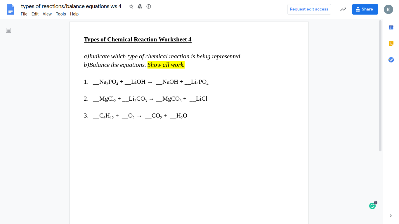 Types Of Reactions Balance Equations Ws 4 File Edit Chegg Com