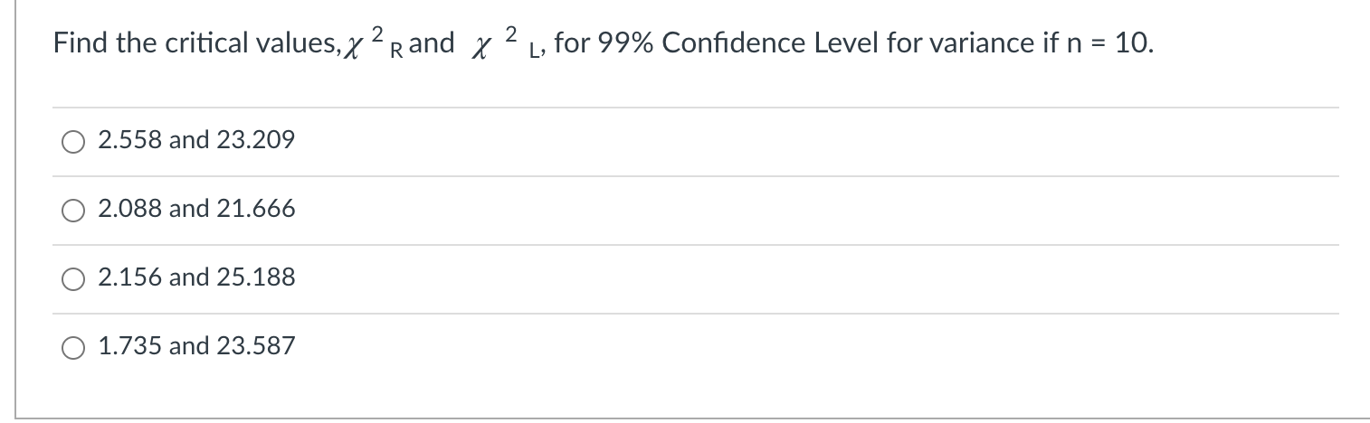 Solved Find the critical values, x? rand x 2 L, for 99% | Chegg.com
