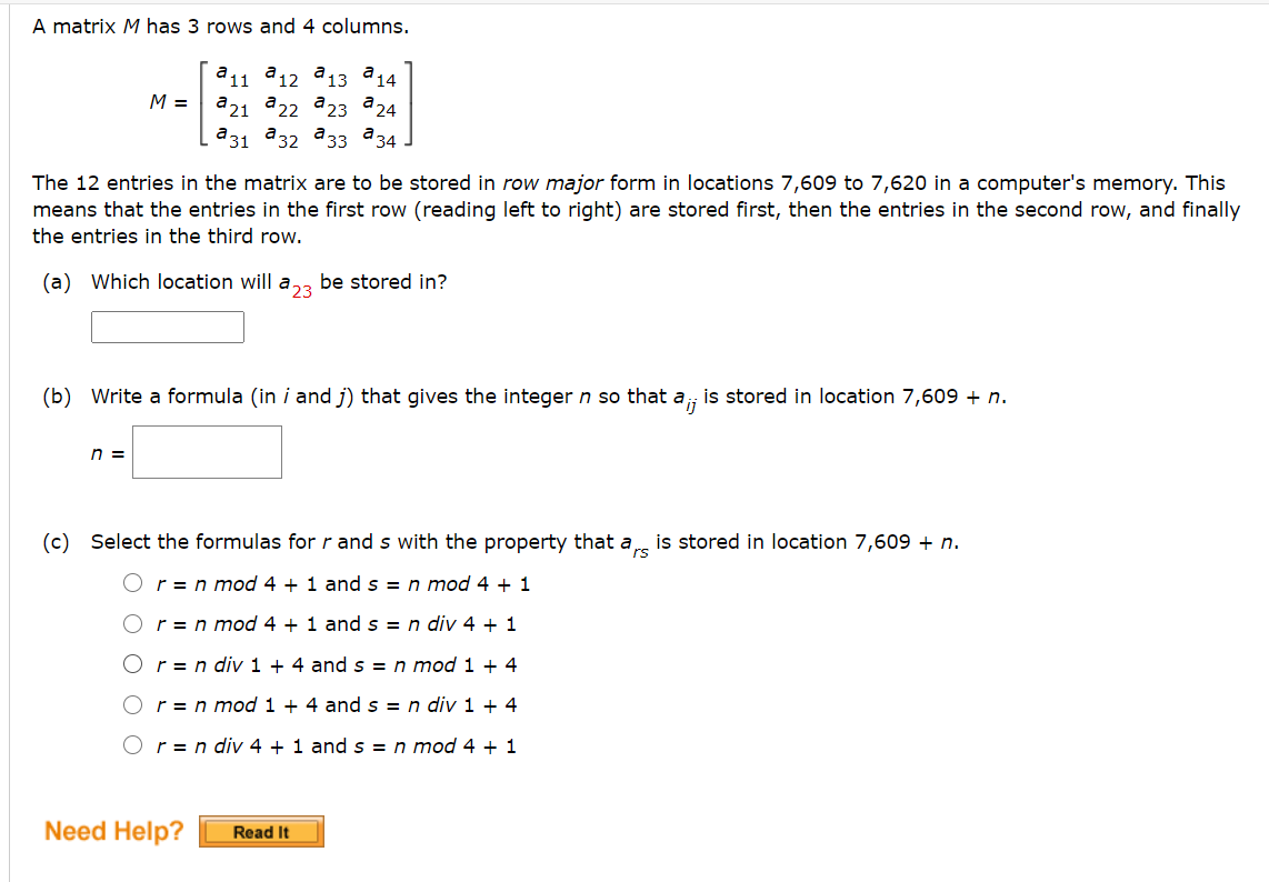 Solved A matrix M has 3 rows and 4 columns. M a 11 a 12 a