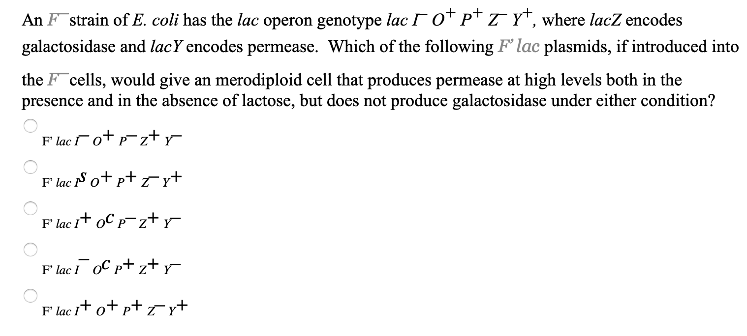 Solved An F strain of E. coli has the lac operon genotype | Chegg.com