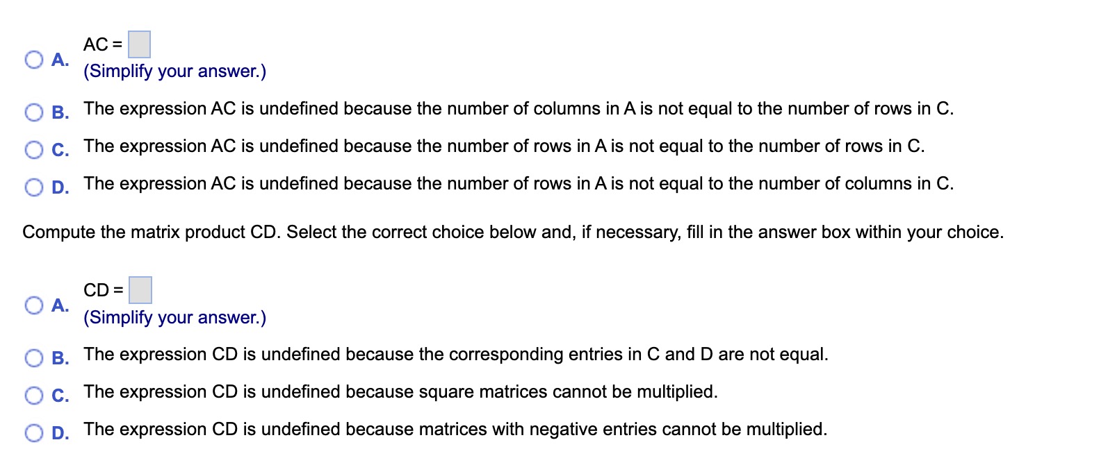 Solved −3A,B−3A,AC,CD Compute the matrix product −3A. Select | Chegg.com