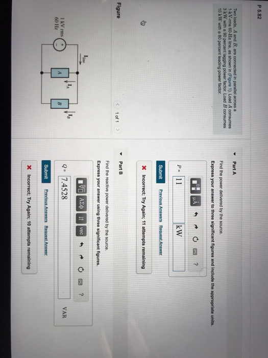 Solved P 5.82 Two loads, A and B, are connected in parallel | Chegg.com