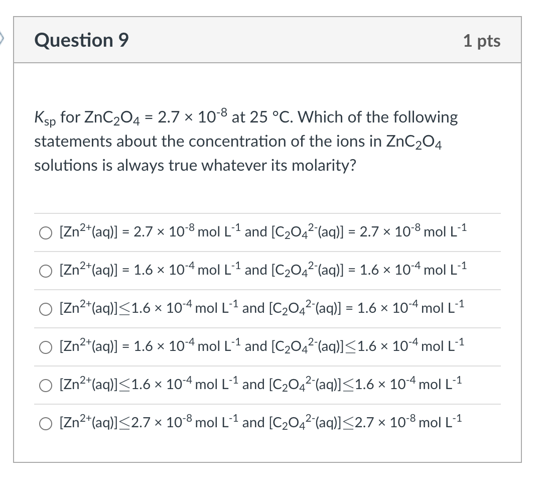 Solved Ksp for ZnC2O4=2.7×10−8 at 25∘C. Which of the | Chegg.com