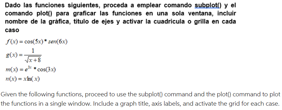 Dado las funciones siguientes, proceda a emplear comando subplot() y el comando plot() para graficar las funciones en una sol