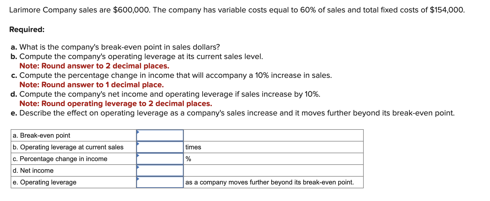 Solved Larimore Company sales are 600,000. The company has