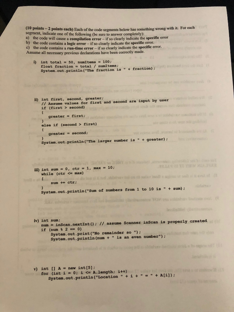 Solved (10 points – 2 points each) Each of the code segments | Chegg.com