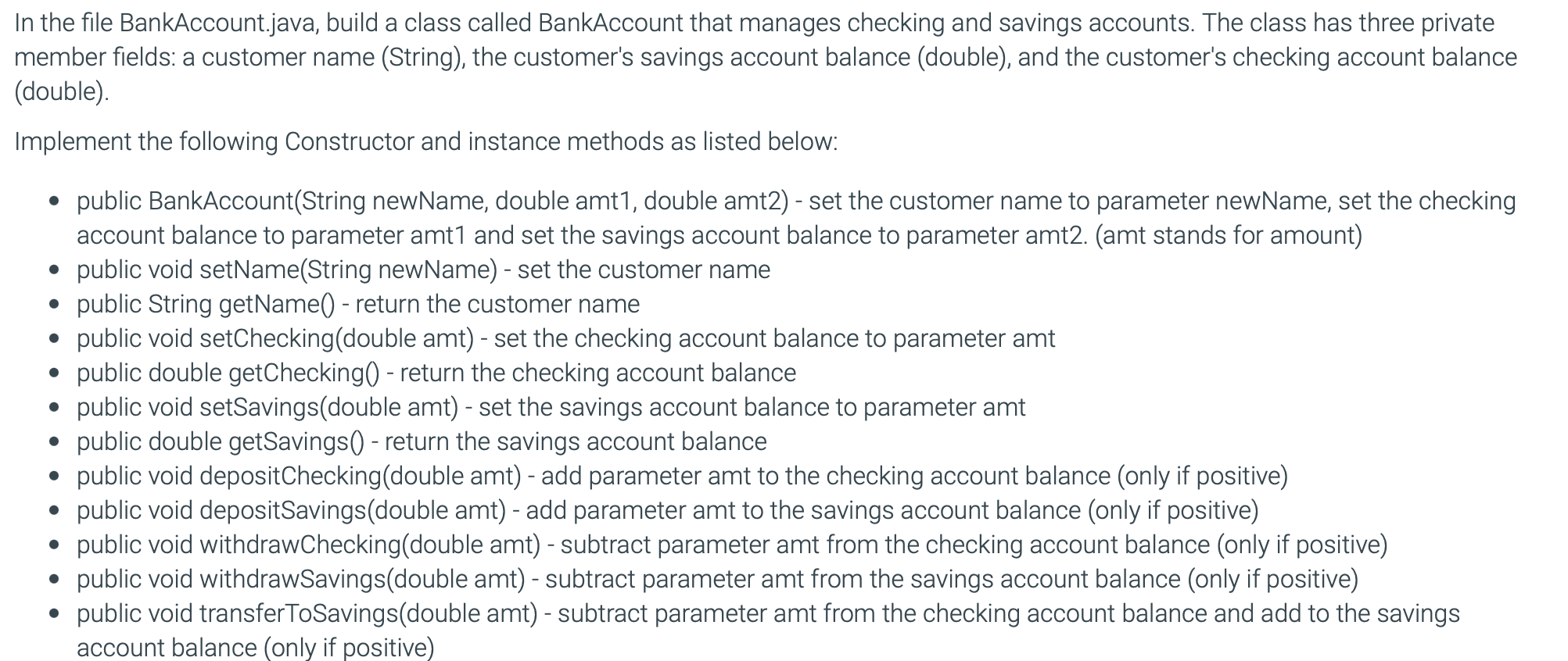 Solved In the file BankAccount.java, build a class called | Chegg.com