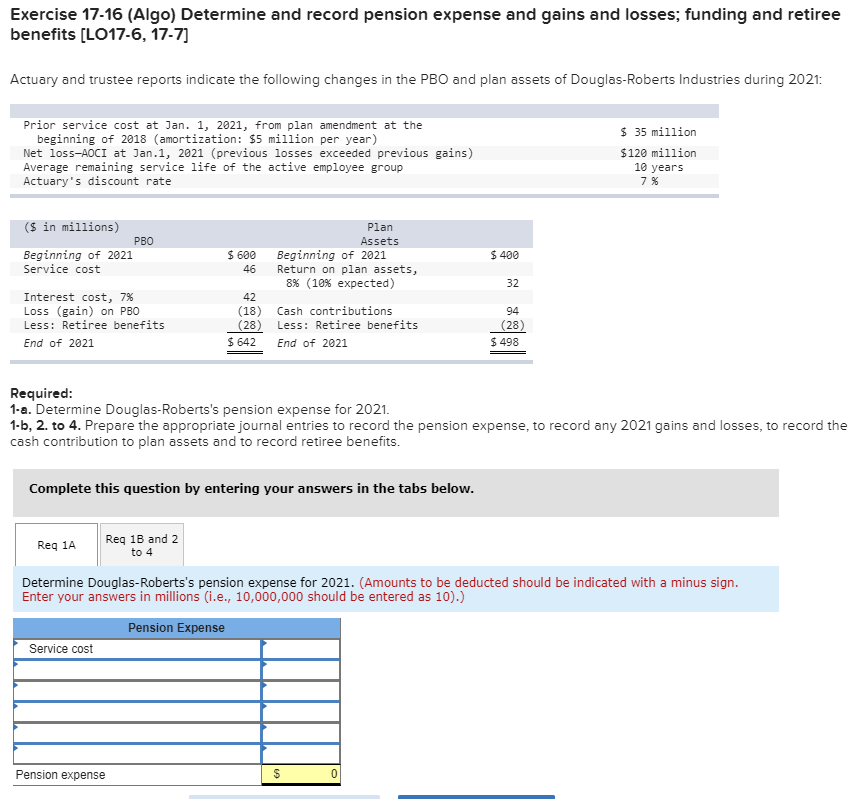 Solved Exercise 17-16 (Algo) Determine And Record Pension | Chegg.com