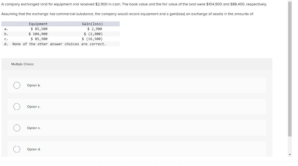 Solved A company exchanged land for equipment and received