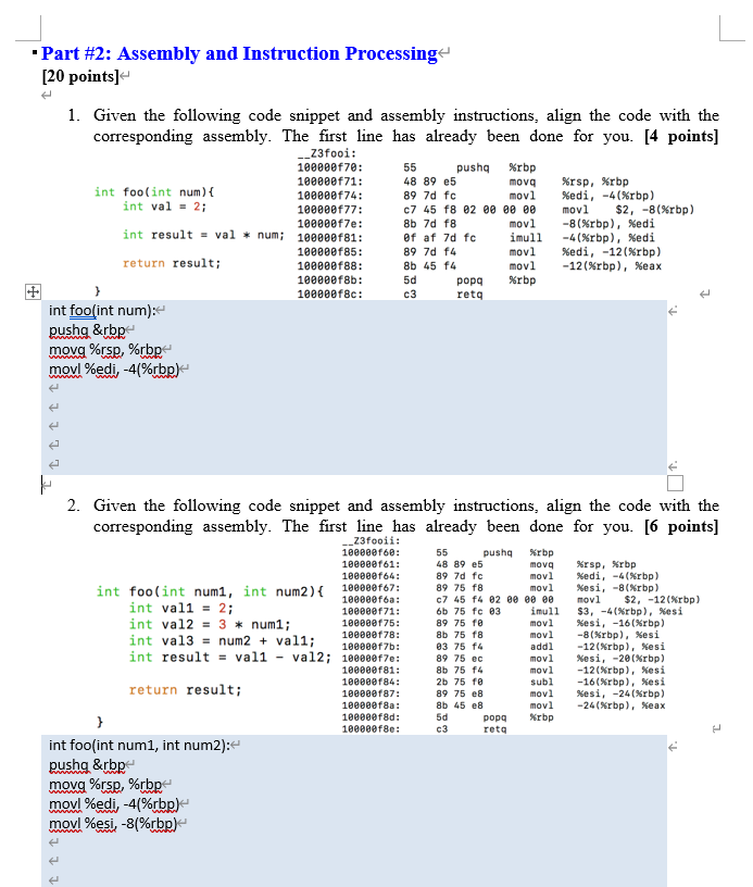 Part #2: Assembly and Instruction Processing [20 | Chegg.com
