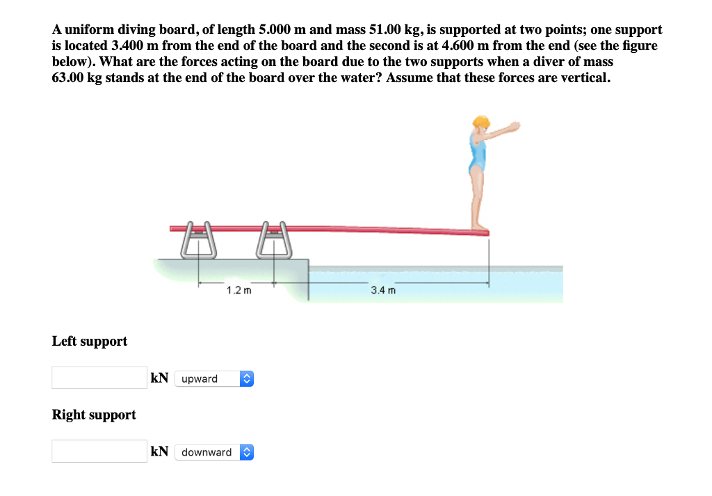 Solved A uniform diving board, of length 5.000 m and mass