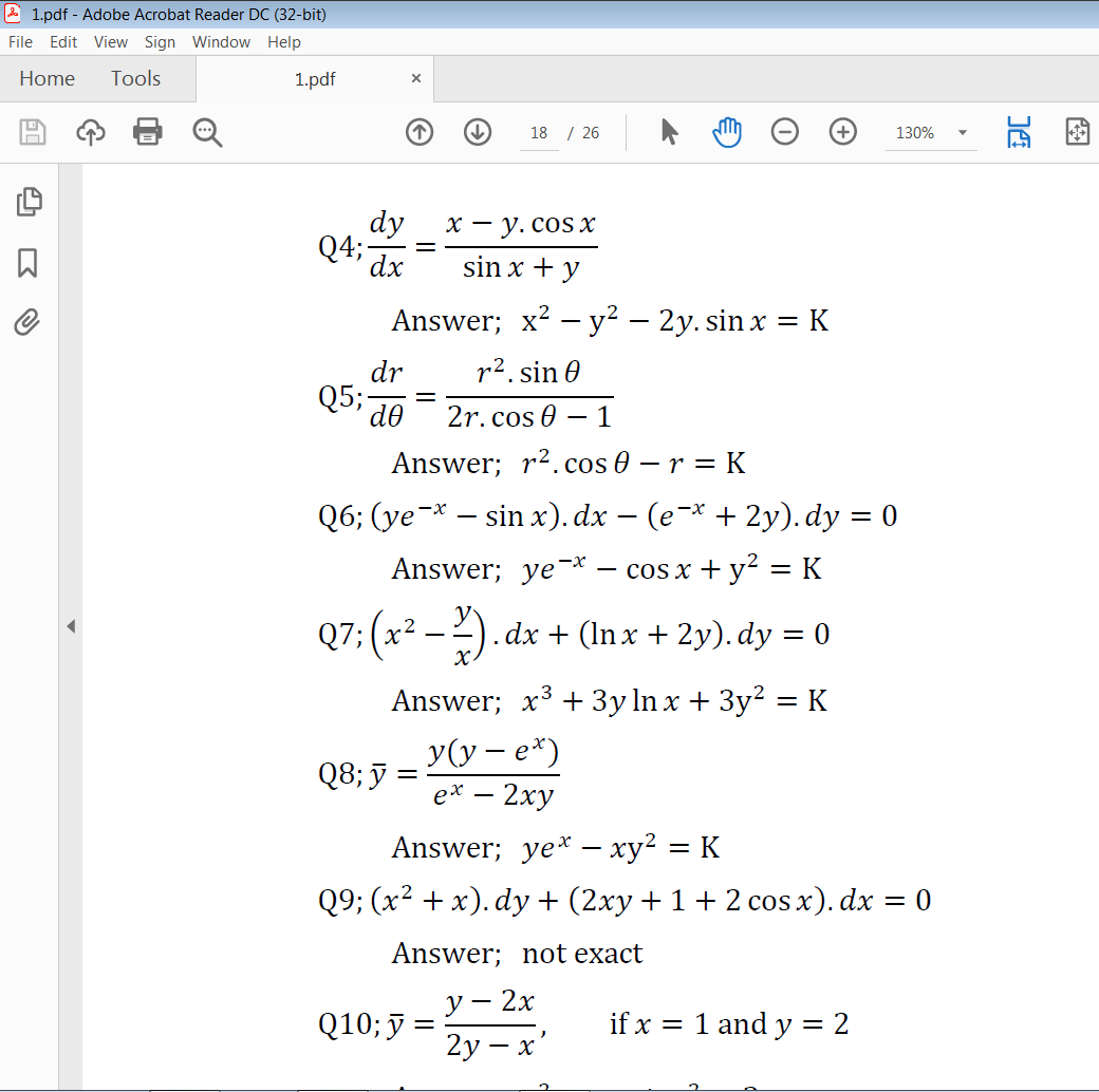 Solved Exercises on Exact ODE Solve the following ODE x - y | Chegg.com