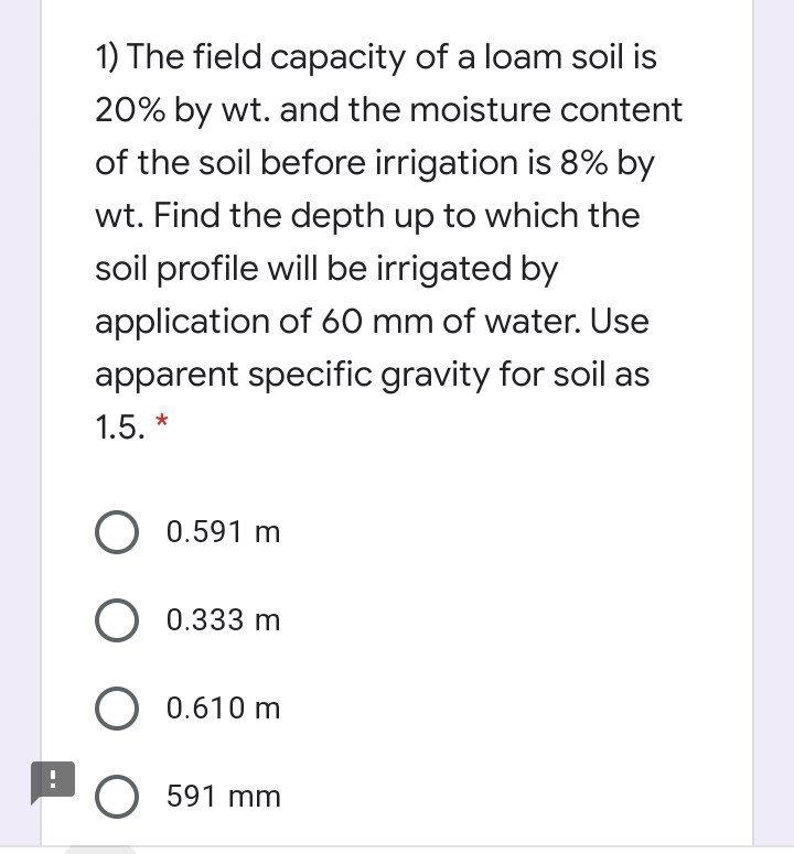 Solved 1) The field capacity of a loam soil is 20 by wt.