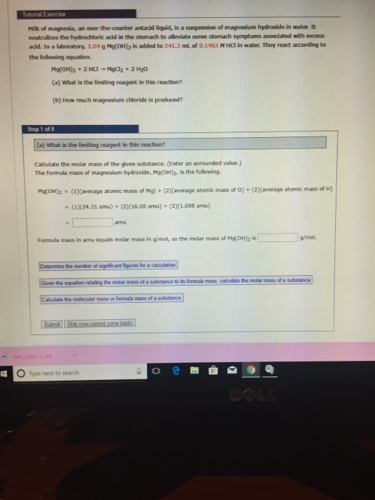 Solved Milk of magnesia, an over the counter antacid liquid,