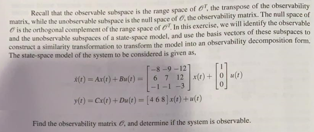 Recall that the observable subspace is the range | Chegg.com