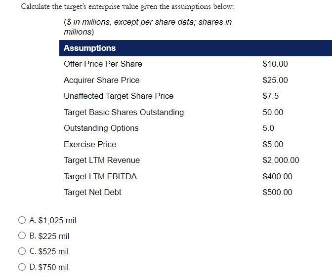 Solved Calculate the target's enterprise value given the | Chegg.com