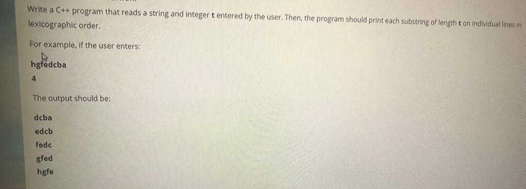 Solved Write a C++ program that reads a string and integer t | Chegg.com