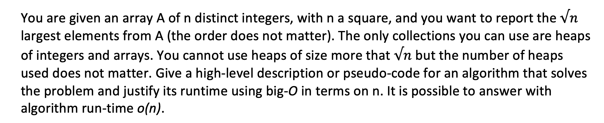You are given an array A of n distinct integers, with | Chegg.com
