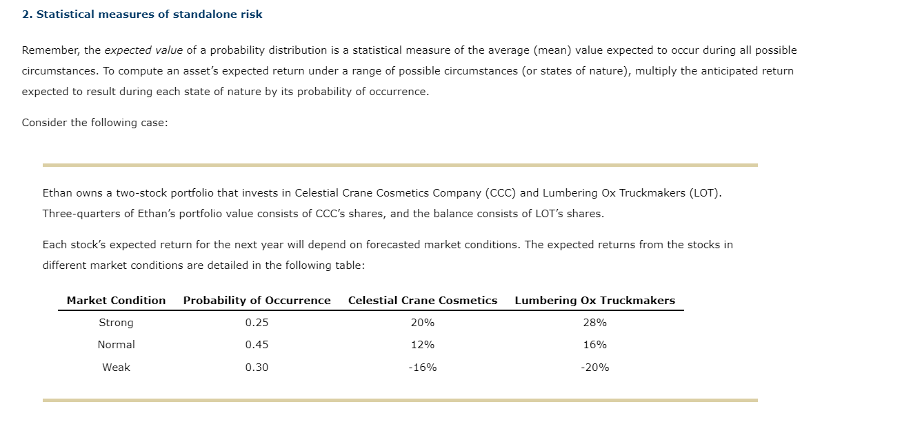 Solved 2. Statistical measures of standalone risk Remember,