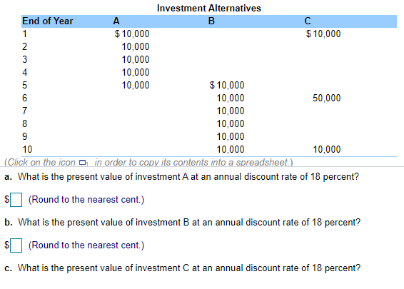 Solved Investment Alternatives End of Year A B с 1 $ 10,000 ...