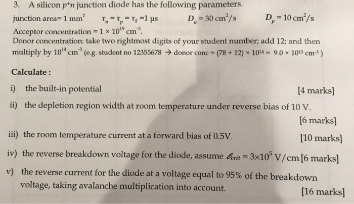 Solved 3. A silicon p'n junction diode has the following | Chegg.com