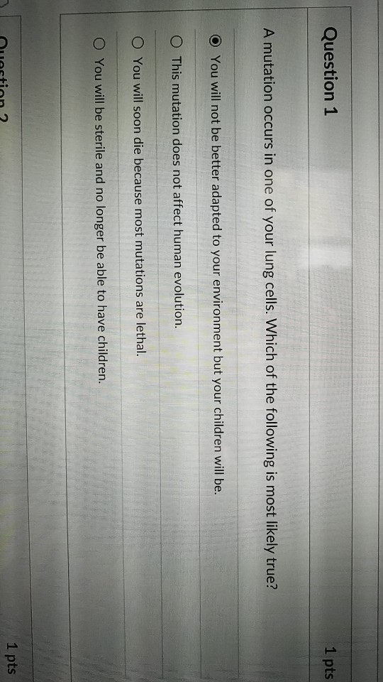 Solved Question 1 1 pts A mutation occurs in one of your | Chegg.com