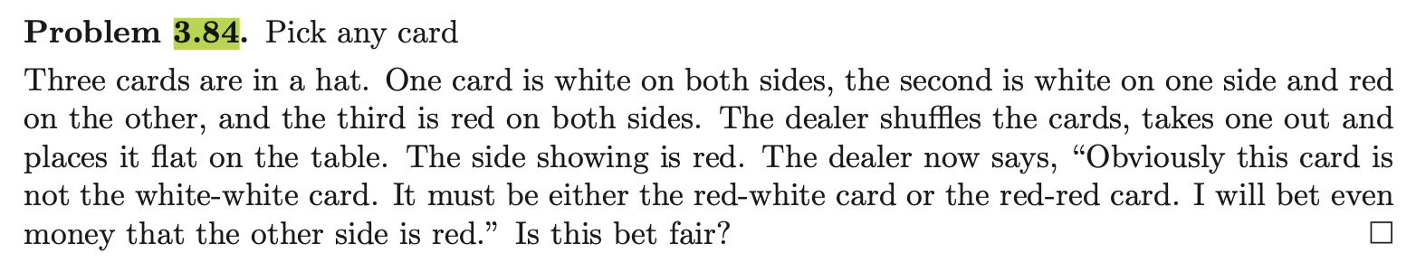 Solved Problem 3.84. Pick any card Three cards are in a hat. | Chegg.com