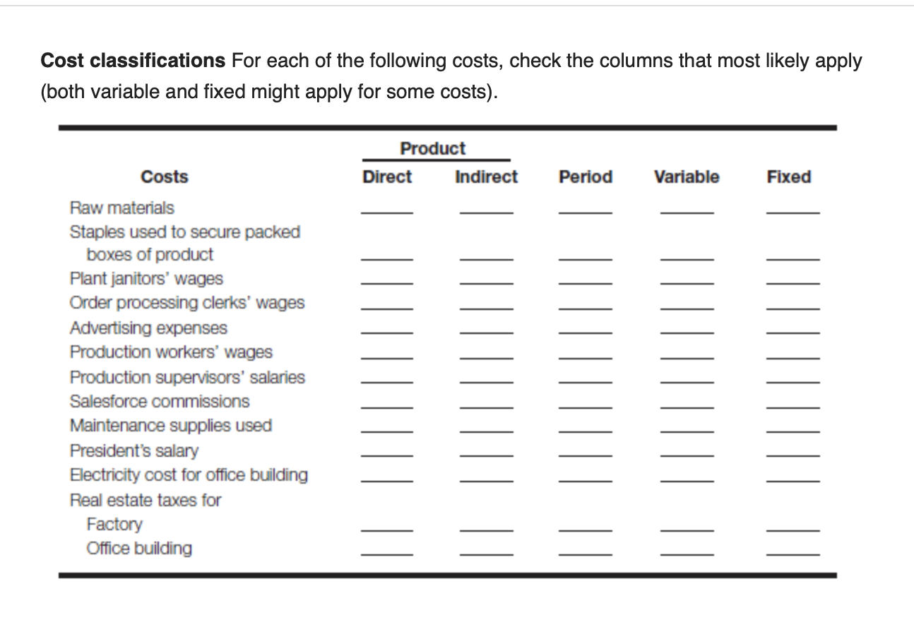 Solved Cost Classifications For Each Of The Following Costs, | Chegg.com