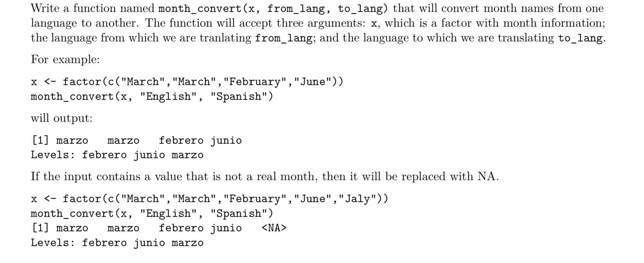 Write a function named month_convert(x, from_lang, to_lang) that will convert month names from one language to another. The f