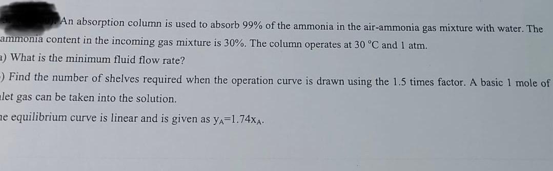 An absorption column is used to absorb \( 99 \% \) of the ammonia in the air-ammonia gas mixture with water. The ammonia cont