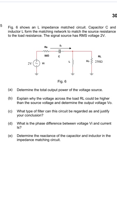 Solved 30 5 Fig. 6 shows an L impedance matched circuit. | Chegg.com