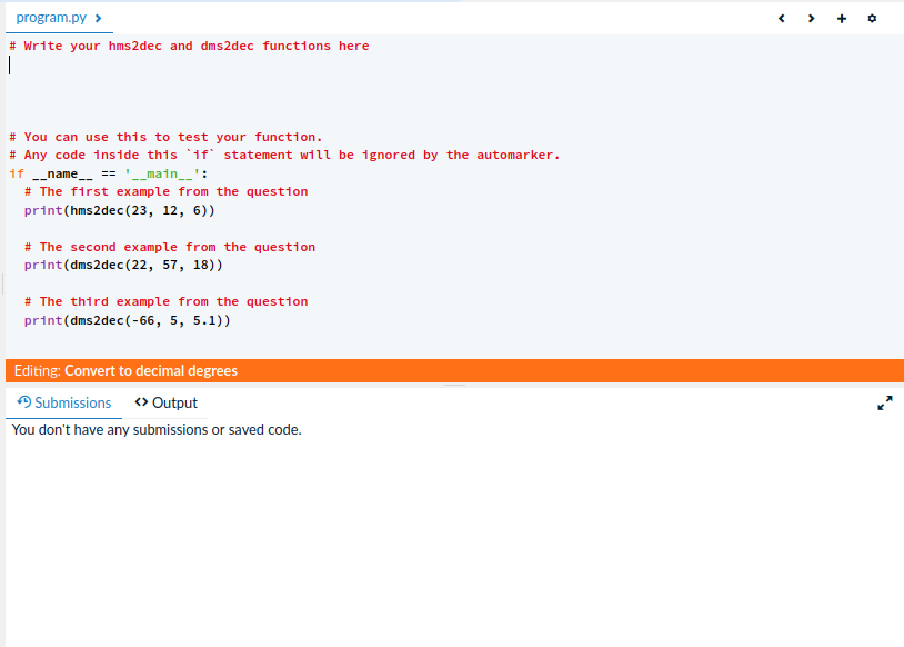Solved program.py > # Write your hms2dec and dms2dec | Chegg.com