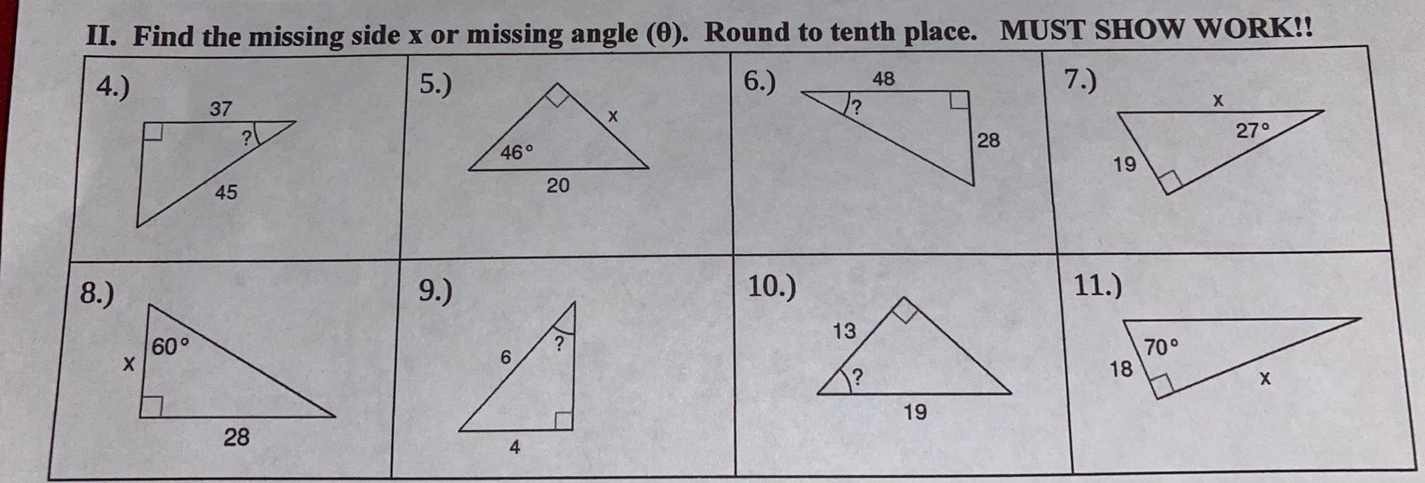 Solved II. Find the missing side x or missing angle (O). | Chegg.com