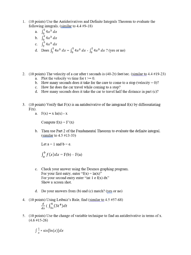 Solved 1. (10 points) Use the Antiderivatives and Definite | Chegg.com