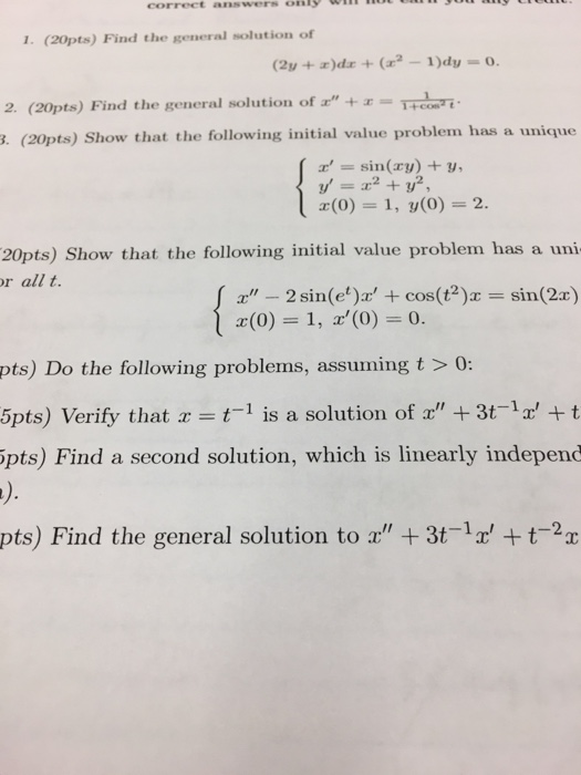 Solved 1. (20pts) Find the general solution of 2. (20pts) | Chegg.com