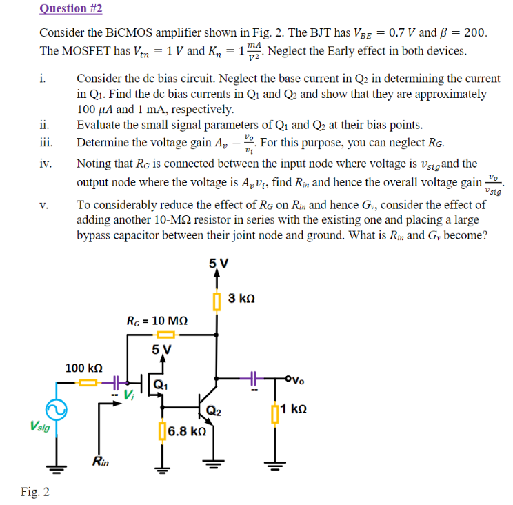 Solved ma Question #2 Consider the BiCMOS amplifier shown in | Chegg.com