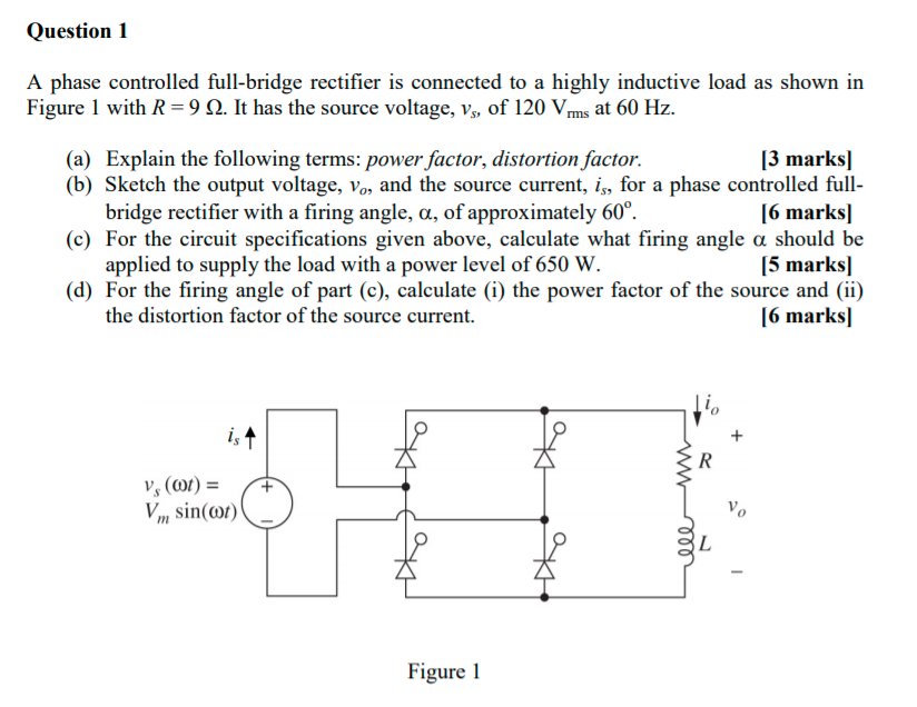 Solved A phase controlled full-bridge rectifier is connected | Chegg.com