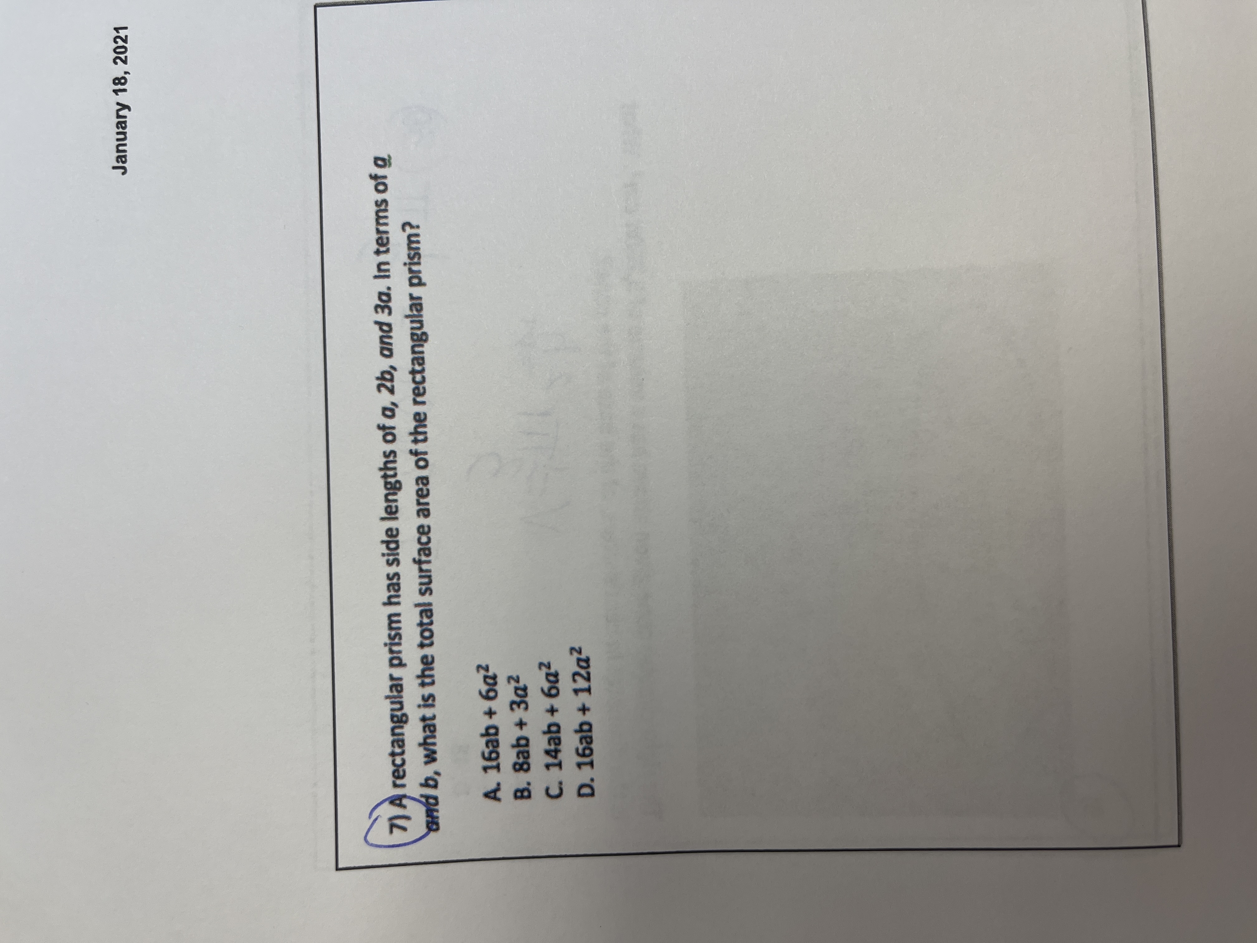 Solved A rectangular prism has side lengths of a,2b, ﻿and | Chegg.com