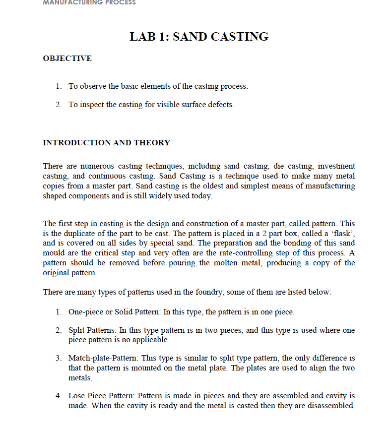 Solved MANUFACTURING PROCESS LAB 1 SAND CASTING OBJECTIVE
