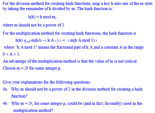 Solved For the division method for creating hash functions, | Chegg.com