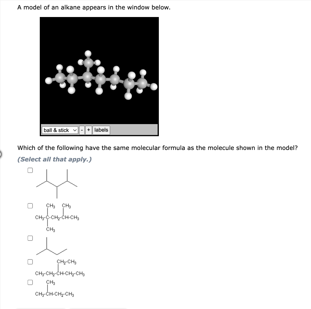 Solved A model of an alkane appears in the window below. | Chegg.com