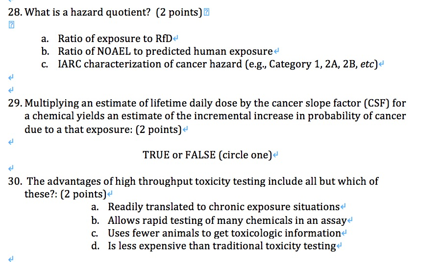 Solved 28. What is a hazard quotient? (2 points) a. Ratio of
