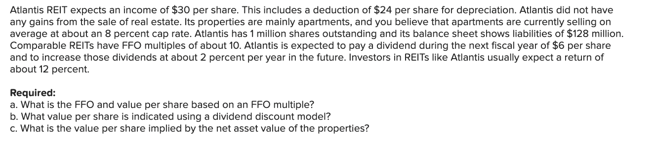 Atlantis REIT expects an income of \( \$ 30 \) per share. This includes a deduction of \( \$ 24 \) per share for depreciation