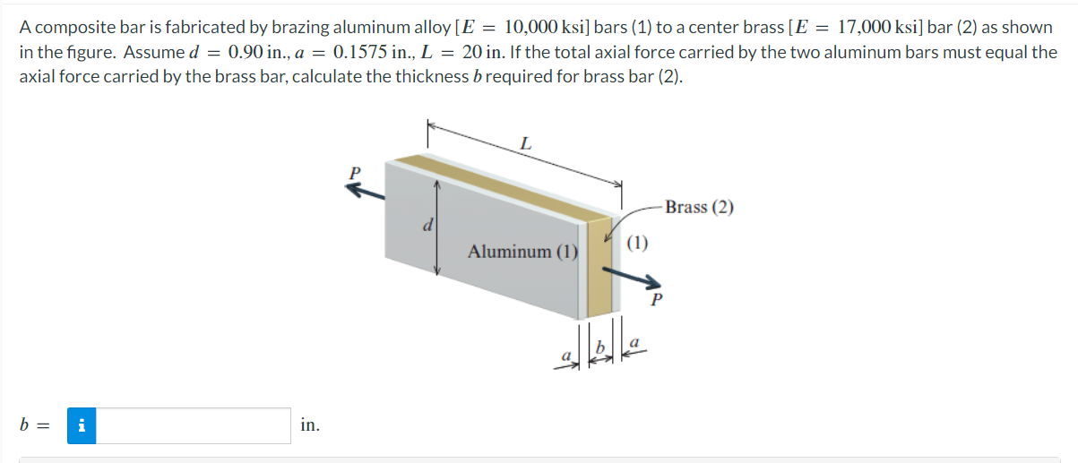 A composite bar is fabricated by brazing aluminum alloy \( [E=10,000 \mathrm{ksi}] \) bars (1) to a center brass \( [E=17,000