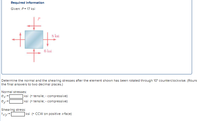 Solved Required Information Given: P = 17 ksi Sksi 6 ksi + | Chegg.com