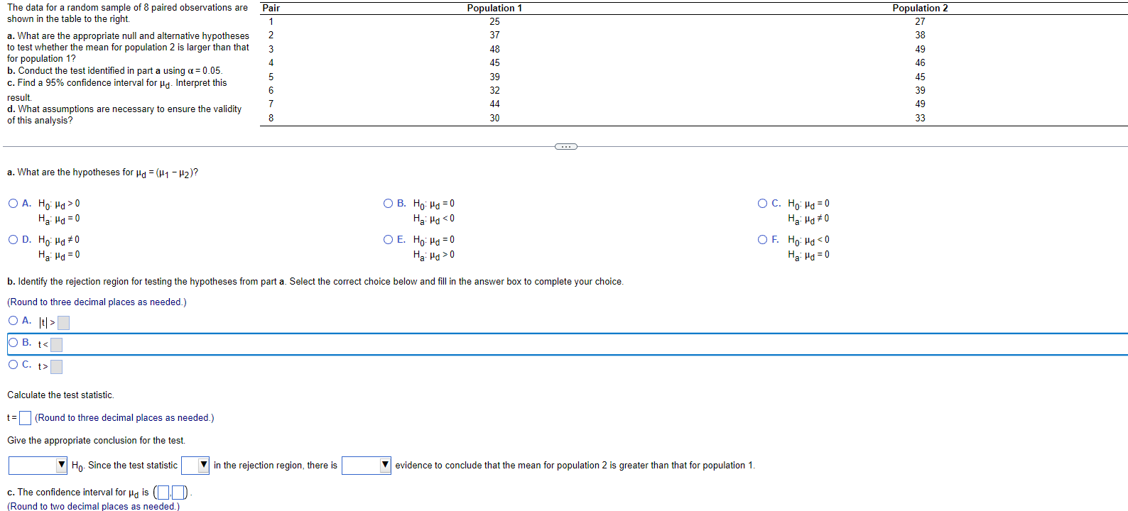 Solved The data for a random sample of 8 paired observations | Chegg.com