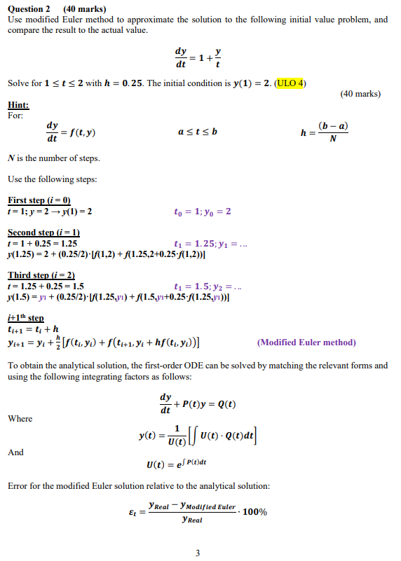 Solved Question 2 (40 Marks) Use Modified Euler Method To | Chegg.com