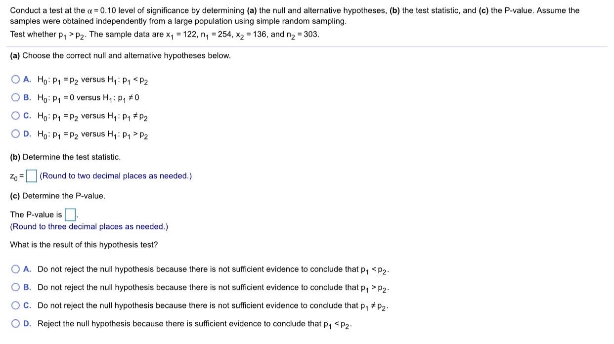 Solved Conduct a test at the a = 0.10 level of significance | Chegg.com